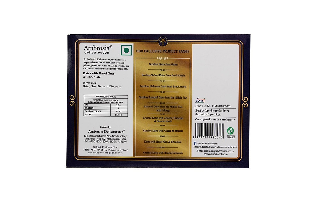 Ambrosia Delicatessen Dates With Hazel Nuts & Chocolate   Box  250 grams